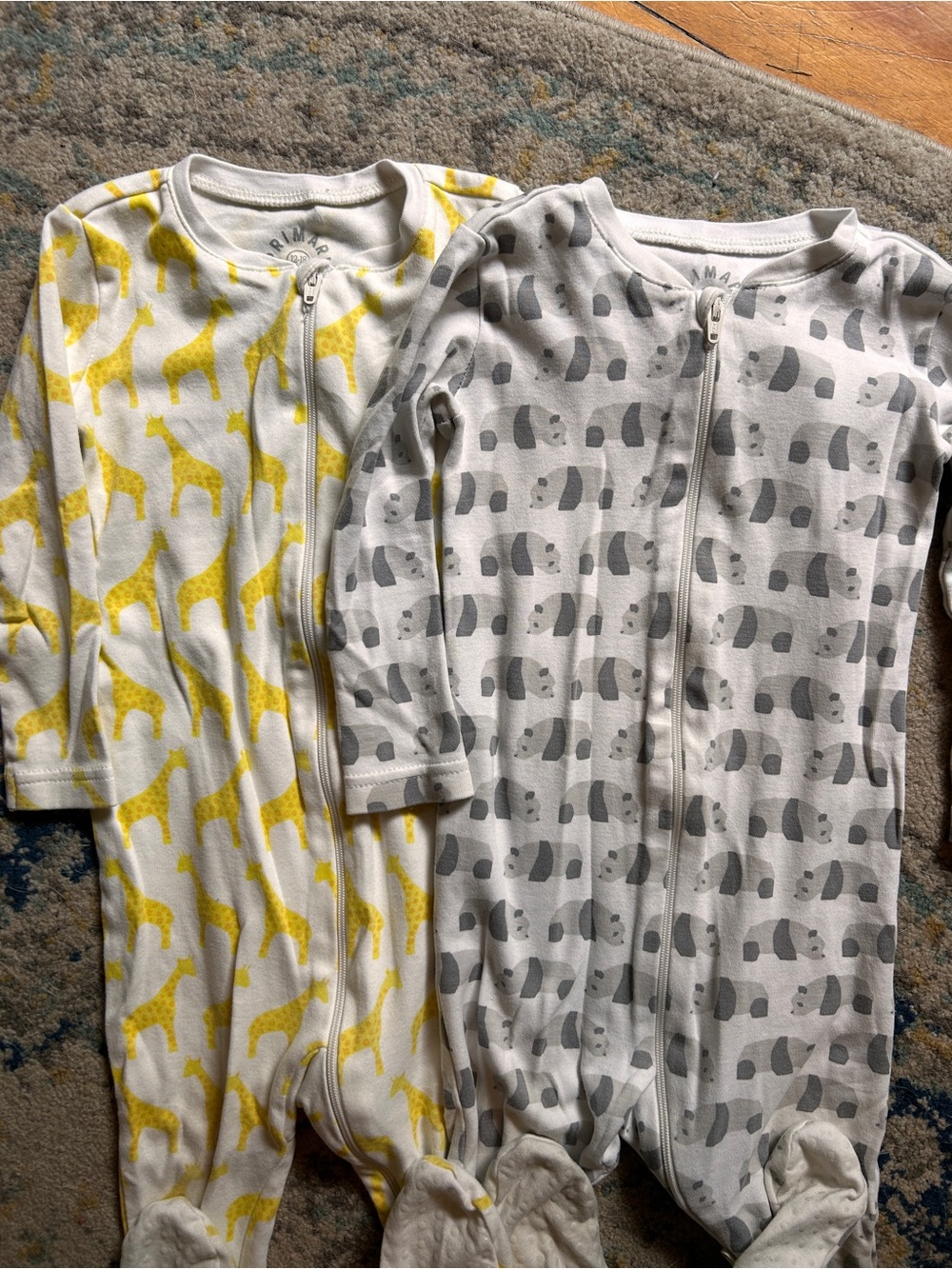 Primary Yellow Giraffe & Gray Bear Zip-Front Footed Sleepers